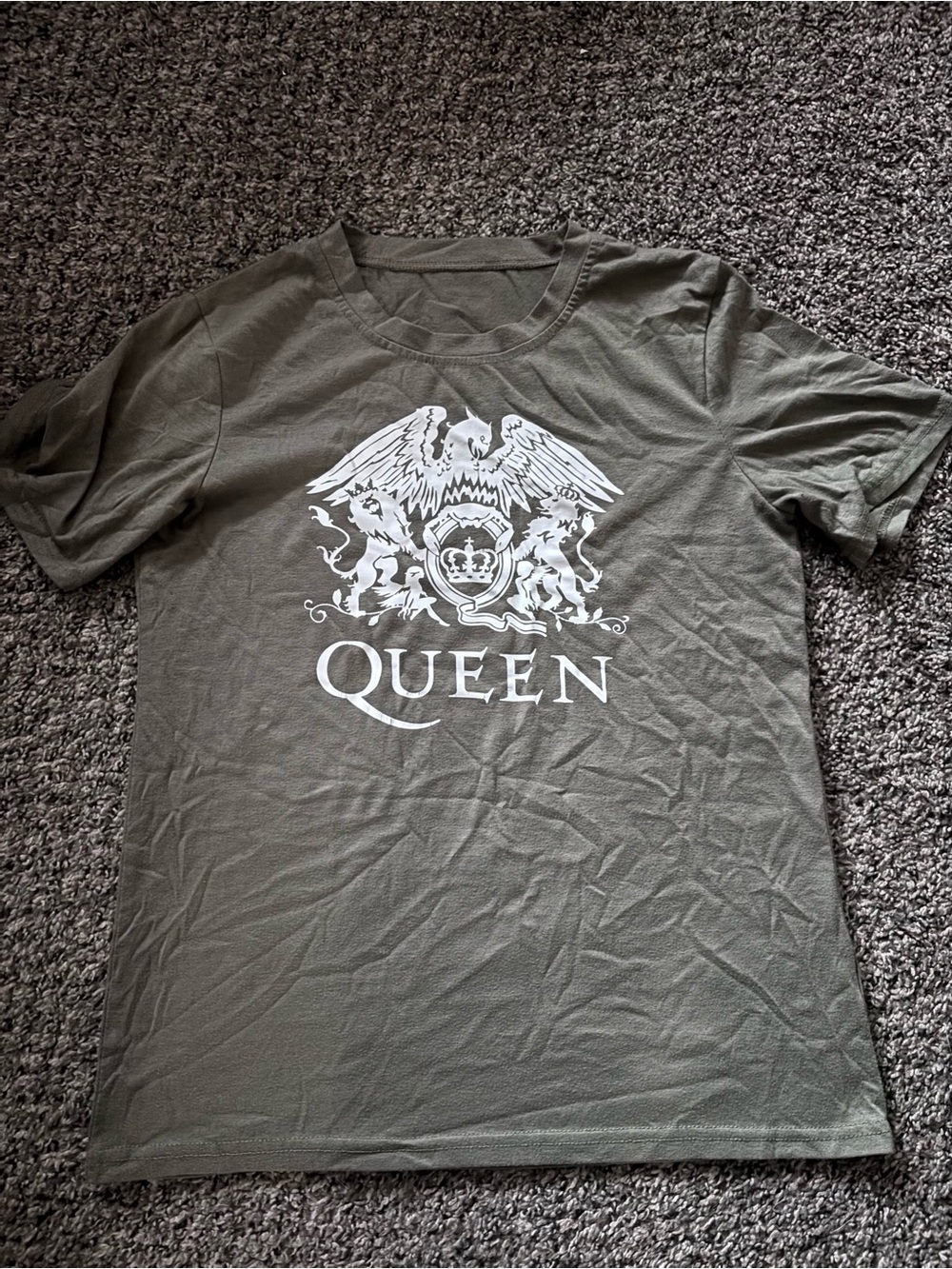 Olive Green Crew Neck Graphic T-Shirt with Queen Crest